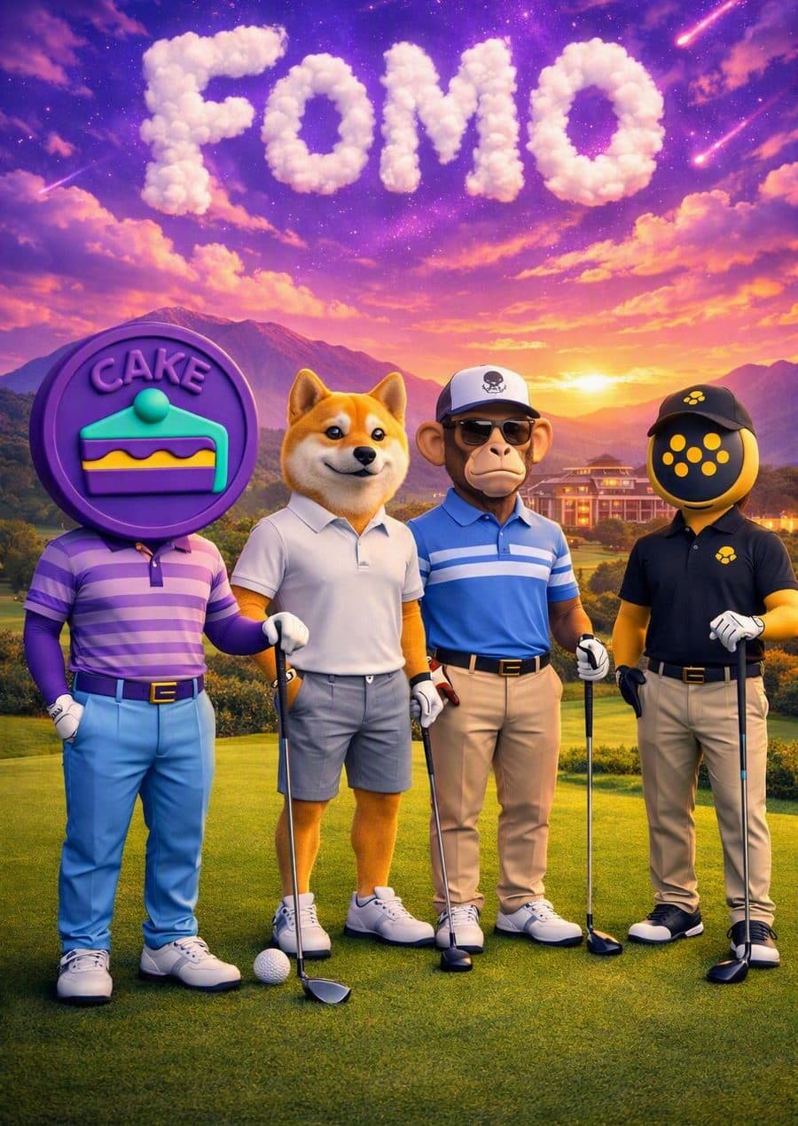 The CakeCoin gang and friends golfing under FOMO clouds